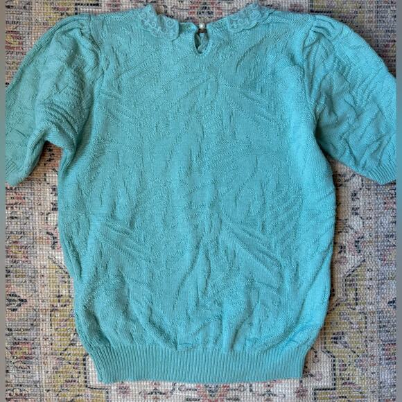 Vintage 80s/90s Dragonfly Lace Collar Knit Sweater Made in USA Medium Aqua Blue - Picture 7 of 7